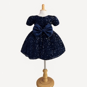 Navy Blau Samt Pailletten Knielange Hochzeit Winter Blumenmädchen Geburtstag Säugling Kleinkind Junior Twirl Ballett Graduierung Trendy Mädchenkleid