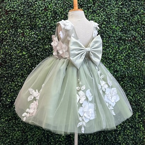 Sage & Ivory 3D Floral 4 Layer Tulle Knee Length V-Back Wedding Summer Easter Pageant Birthday Princess Trendy Photoshoot Flower Girl Dress