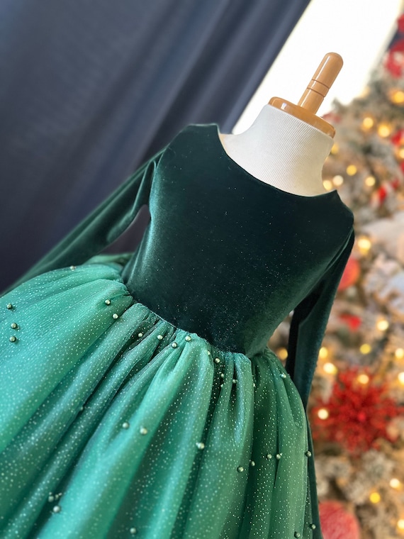 Hunter Green Velvet Tulle Pearl Knee Length Holiday Christmas Photoshoot Smash Cake Winter Toddler Junior Girls Dress