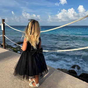 Black V-Back Fall Wedding Flower Girl 4 Layers Tulle Big Bow Elegant Gothic Toddler Girl Junior Party Pageant Tutu Girl Trendy Tulle Dress