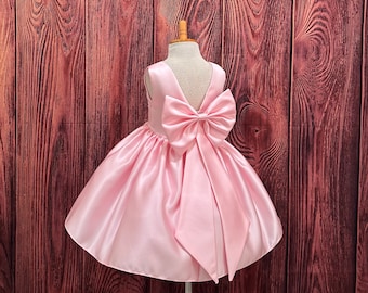 Pink Satin V-Back Knee Length Big Bow Elegant Smash Cake Birthday Baby Valentines Day Photoshoot Summer Wedding Flower Girl Toddler Dress