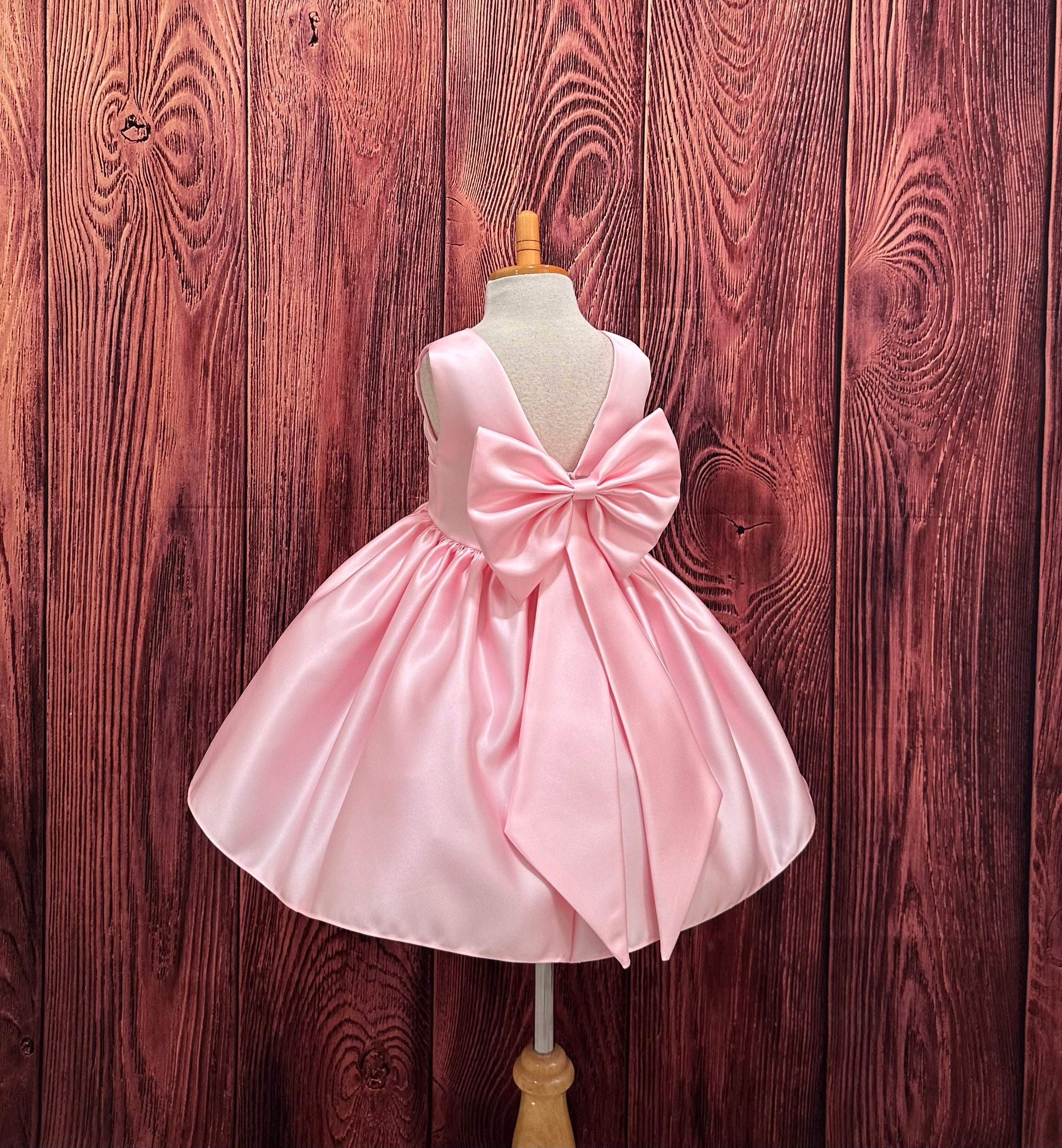Pink Satin V-back Knee Length Big Bow Elegant Valentines Flower