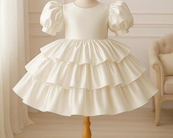 Ivory Satin V-Back Knee Length Ruffled Wedding Puffy Sleeves Elegant Toddler Junior Baptism Dress