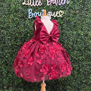 Burgundy 3D Flower Girl Knee Length Collar V-Back Wedding Fall Summer Infant Toddler Junior Girl Birthday Pageant Trendy Big Bow Dress