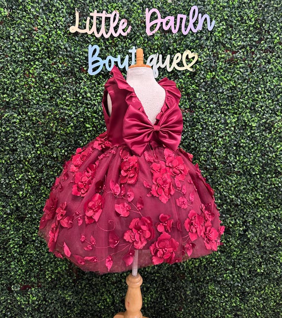 Burgundy 3D Flower Girl Knee Length Collar V-Back Wedding Fall Summer Infant Toddler Junior Girl Birthday Pageant Trendy Big Bow Dress