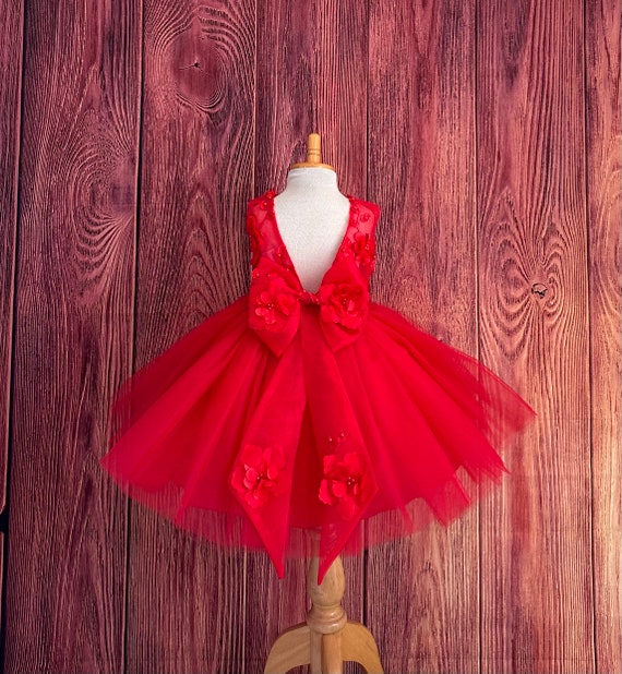 Red 3D Floral Tulle V-Back Knee Length Flower Girl Elegant Wedding Birthday Princess Pageant Bridesmaids Toddler Girl Trendy Girl Dress