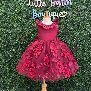Burgundy 3D Flower Girl Knee Length Collar V-Back Wedding Fall Summer Infant Toddler Junior Girl Birthday Pageant Trendy Big Bow Girl Dress