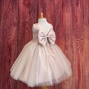 Taupe 4 Layer Pearl Tulle V-Back Knee Length Wedding Summer Flower Girl Holiday Birthday Pageant Infant Toddler Girl Photoshoot Girl Dress