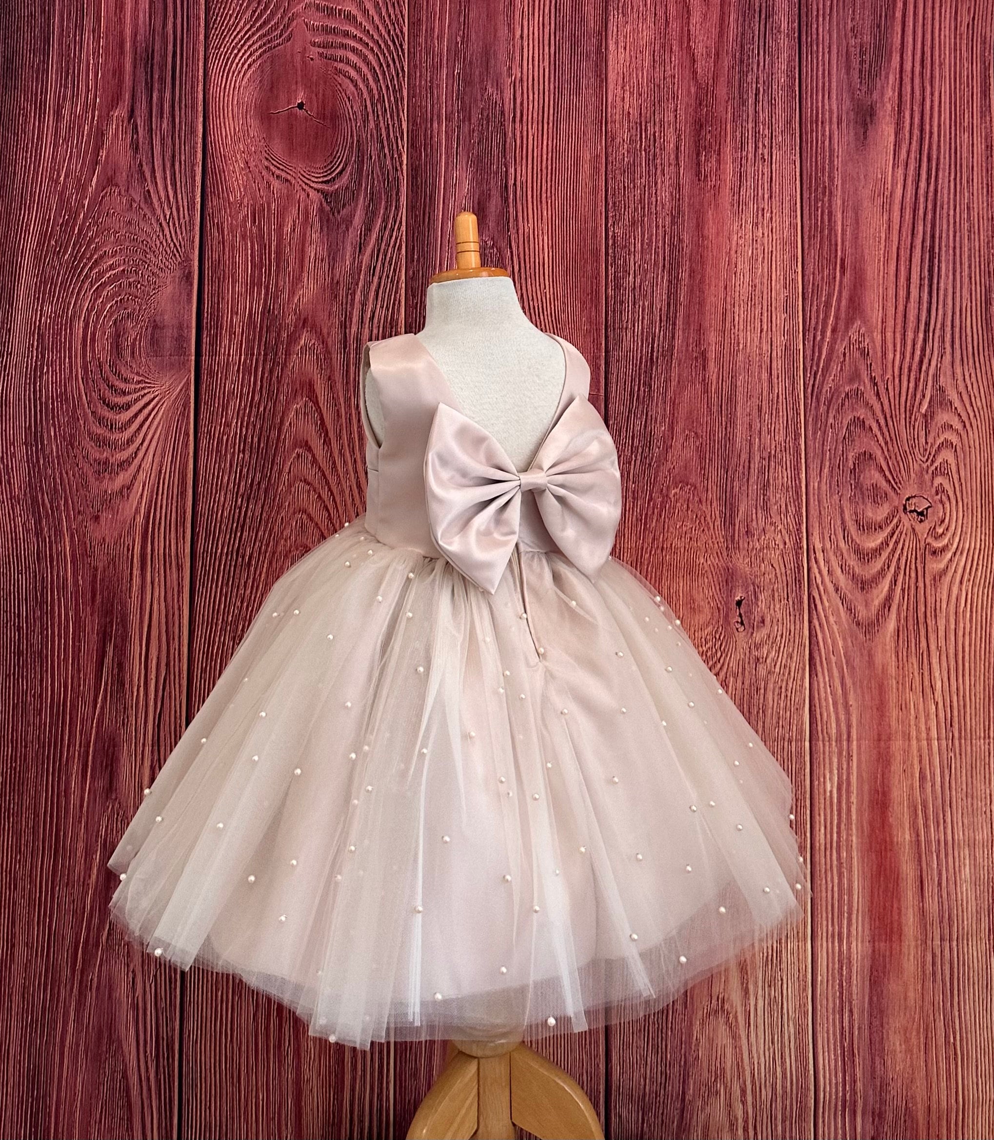 Taupe 4 Layer Pearl Tulle V-back Knee Length Wedding Summer Flower