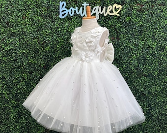 Ivory 3D Floral Pearl Tulle Elegant V-Back Knee Length Wedding Flower Girl Birthday Trendy Church Summer Infant Toddler Junior Girl Dress
