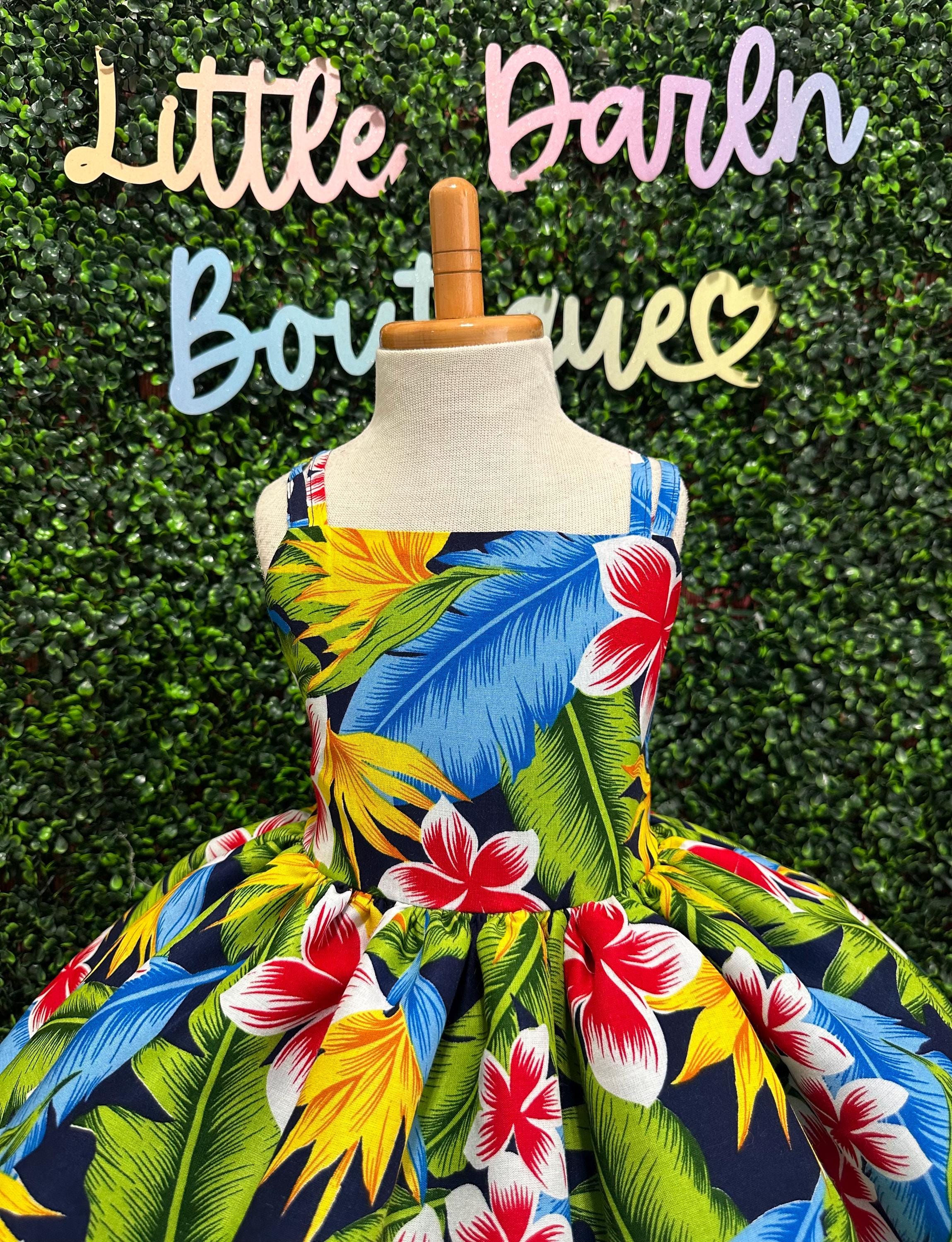 Turquoise Summer Tropical Island Trendy Palm Tree Flower Girl Hawaiian Birthday Party Toddler Junior Girl Knee Length Spaghetti Strap Dress