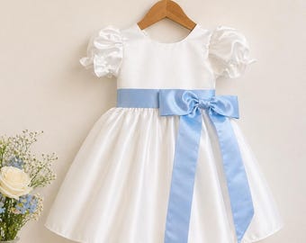 Ivory Satin Puffy Sleeves Bridal Knee Length Flower Girl Elegant V-Back Dress