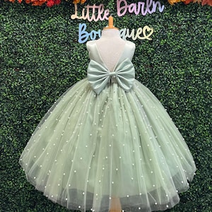 Sage Elegant Wedding V-Back Pearl Tulle Flower Girl Big Bow Ankle Length Toddler Girl Trendy Junior Ball Gown Pageant Church Birthday Dress