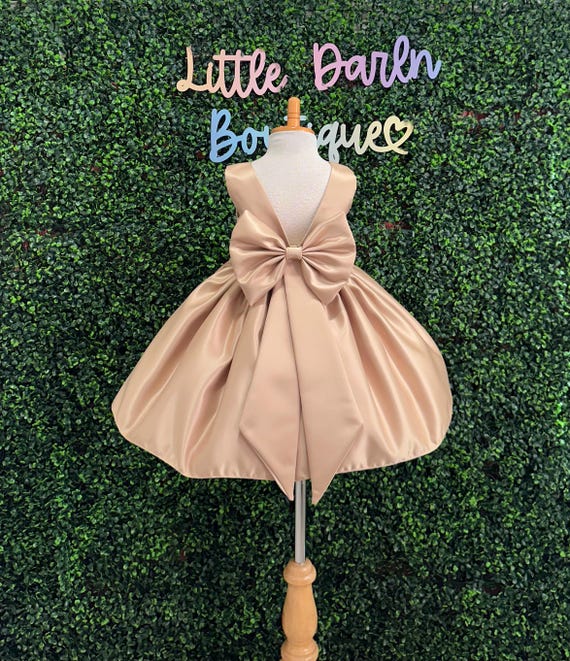 Gold Christmas Satin Knee Length Sleeveless V-Back Big Bow Flower Girl Trendy Smash Cake Photoshoot Birthday Summer Toddler Girl Dress