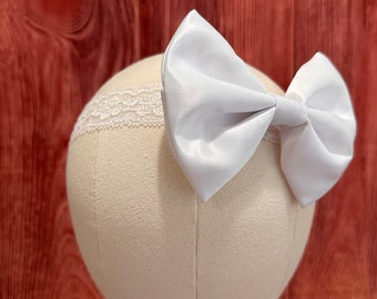 White 3D Satin Big Bow Newborn Baby Girl Headband Toddler Flower Girl Wedding Baptism Christening Wedding Vintage Girl Headband Accessory