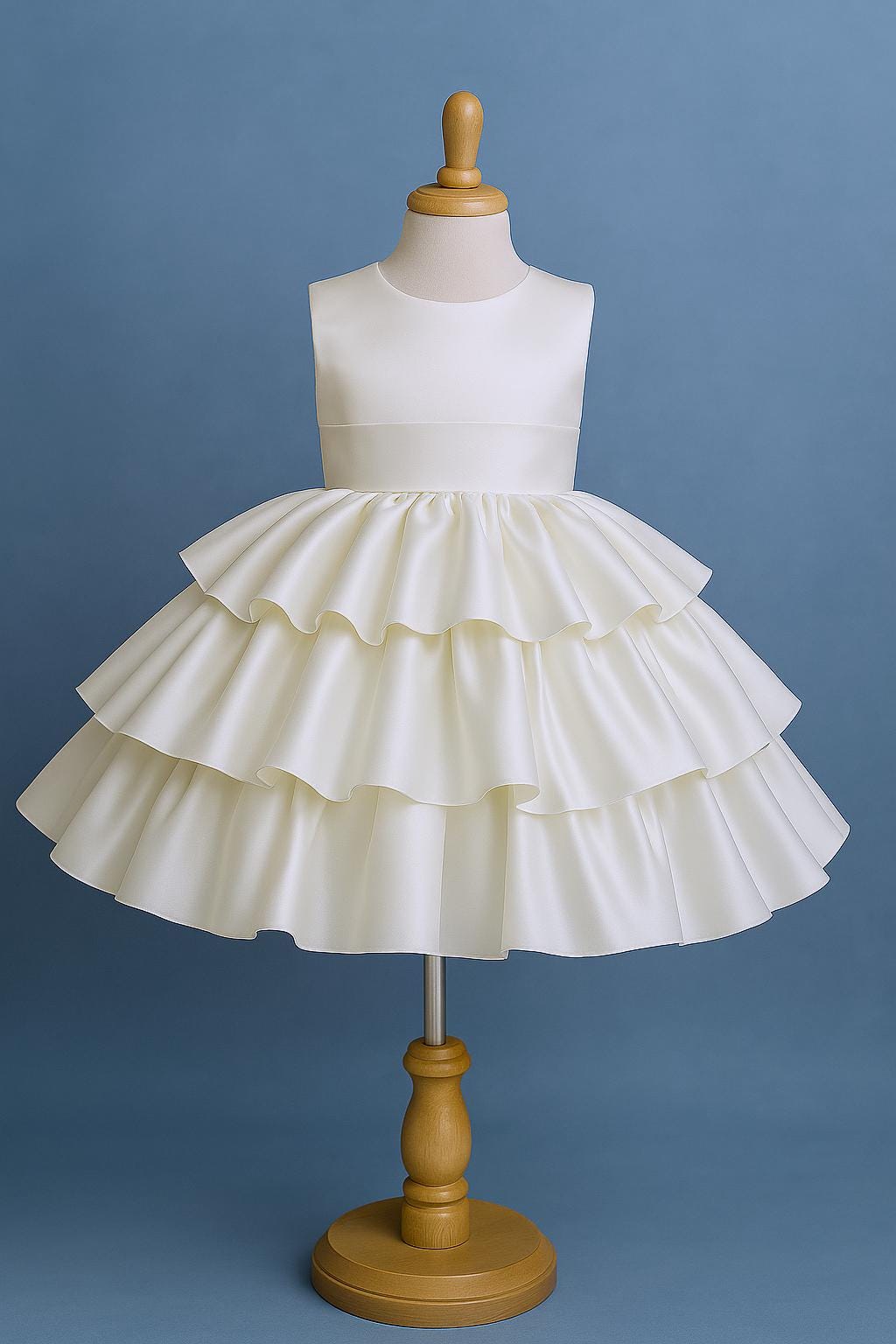 Ivory Sleeveless Flower Girl Satin V-Back Knee Length Ruffle Wedding Trendy Sophisticated Elegant Toddler Junior Church Baptism Girl Dress