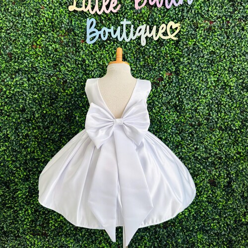 White Satin Knee Length V-Back Communion Flower Girl Baptism Wedding Summer Confirmation Birthday Infant Toddler Dress