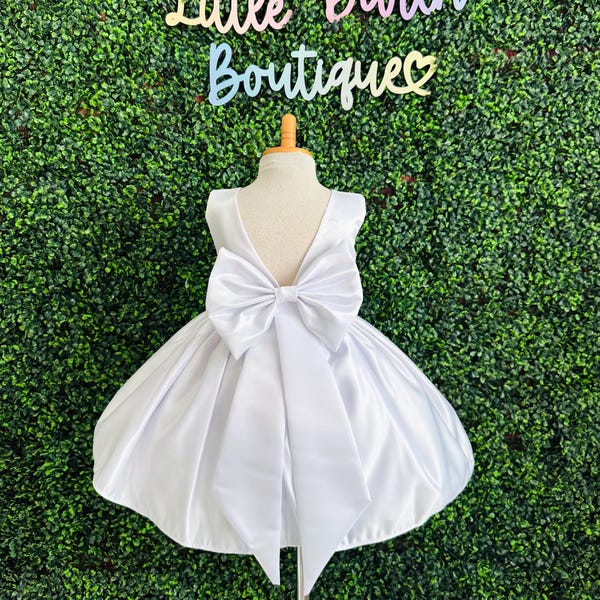 White Satin Knee Length V-Back Communion Flower Girl Baptism Wedding Summer Confirmation Birthday Infant Toddler Dress