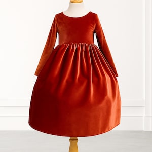 Burnt Orange Elegant Flower Girl Long Sleeve Velvet Christmas Fall Wedding Birthday Girl V- Back Church Photoshoot Infant Toddler Girl Dress