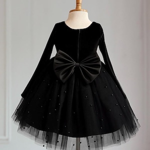 Abito elegante in velluto nero perlato, lunghezza al ginocchio, per Natale, inverno, matrimonio, damigella d&#39;onore, servizio fotografico, per bambini, autunno, compleanno, alla moda, a maniche lunghe