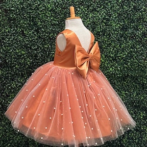 Burnt Orange Pearl Tulle Elegant Fall Wedding Flower Girl Birthday Trendy Knee Length V-Back Big Bow Toddler Girl Pageant Birthday Dress.