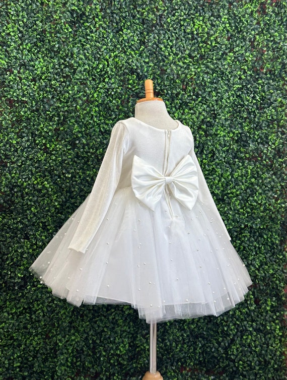 Ivory Velvet Tulle Pearl Knee Length Christmas Winter Wedding Flower Girl Toddler Junior Dress