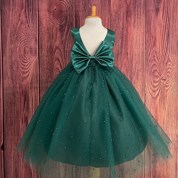 Hunter Green Pearl Tulle Ankle Length V-Back Flower Girl Wedding Summer Holiday Winter Fall Christmas Photoshoot Trendy Ball Gown Dress