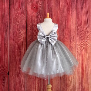 Silver Pearl Shimmer Tulle Elegant Wedding Winter Flower Girl V-Back Big Bow Infant Toddler Junior Girl Birthday Pageant Trendy Girls Dress