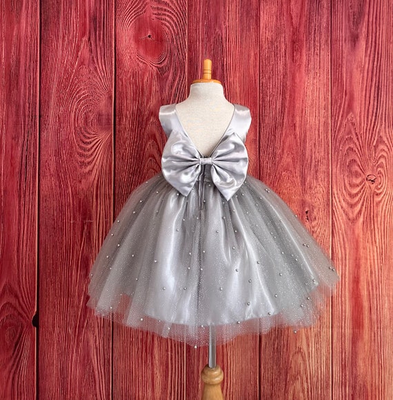 Silver Pearl Shimmer Tulle Elegant Wedding Winter Flower Girl V-Back Big Bow Infant Toddler Junior Girl Birthday Pageant Trendy Girls Dress