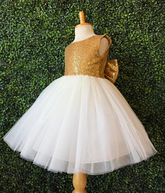 Gold Sequin Ivory Tulle Knee Length V-Back Wedding Flower Girl Toddler Junior Girl Dress
