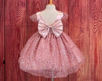 Blush V-Back Sequin Pearl Pretty Infant Toddler Summer Birthday Glitz Wedding Flower Girl Photoshoot Church Princess Cap Sleeve Dress