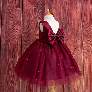 Burgundy Tulle V-Back Knee Length Flower Girl Fall Pageant Wedding Infant Toddler Summer Princess Holiday Photoshoot Dress Up Girl Dress