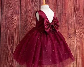 Burgundy Tulle V-Back Knee Length Flower Girl Fall Pageant Wedding Infant Toddler Summer Princess Holiday Photoshoot Dress Up Girl Dress