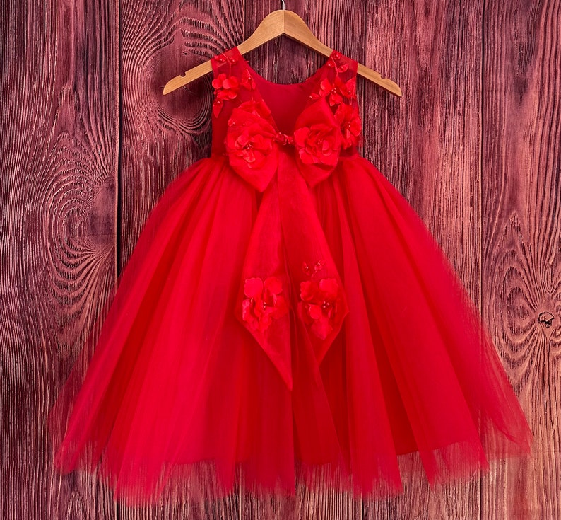 Red Floral Embroidery Sleeveless Ankle Length Tulle Layer Summer Flower Girl Wedding Birthday Princess Pageant Toddler Girl Pageant Dress image 7