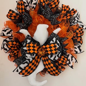 Halloween Handmade Decorative Ghost Home Door Custom Wreath 14 inch Door Holiday Festive Spooky Home Indoor Outdoor Orange & Black Decor