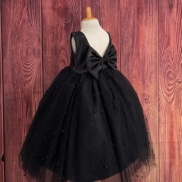 Black V-Back Pearl Tulle Ankle Length Classic Wedding Flower Girl Summer Fall Winter Pageant Ball Gown Princess Toddler Junior Girl Dress