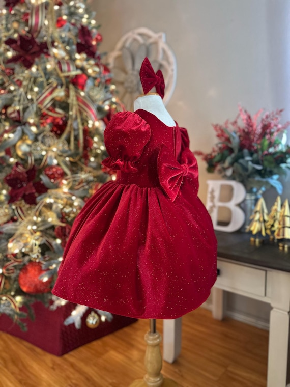 Christmas Red Sparkly Velvet Puffy Sleeves Knee Length Winter Birthday Infant Toddler Junior Dress
