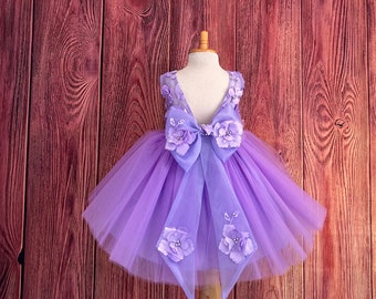 Lilac 3D Floral Embroidery 4 Layer Tulle V-Back Knee Length Elegant Wedding Summer Easter Birthday Princess Pageant Toddler Girl Dress