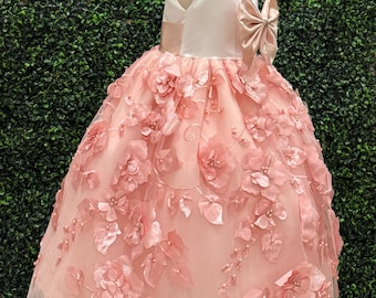 Blush Floral Toddler Girl Wedding Ivory Bodice, V-Back, Ankle Length, Bridesmaid Birthday Dress