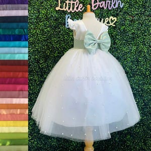Flower Girl Ivory V-Back Pearl Tulle Ankle Length Summer Holiday Infant Toddler Bridesmaid Junior Wedding Church Baptism Communion Dress