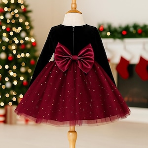 Burgundy Pearl Knee Length Black Velvet Long Sleeve Elegant Wedding Flower Girl Fall Winter Holiday Christmas Photoshoot Birthday Girl Dress