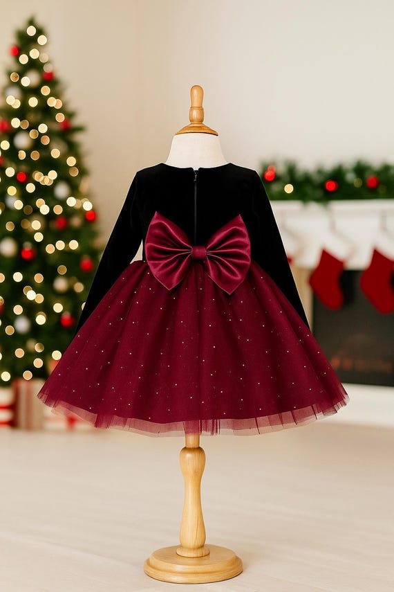 Burgundy Pearl Knee Length Black Velvet Long Sleeve Elegant Wedding Flower Girl Fall Winter Holiday Christmas Photoshoot Birthday Girl Dress Burgundy Pearl Knee Length Black Velvet Long Sleeve Elegant Wedding Flower Girl Fall Winter Holiday Christmas Photoshoot Birthday Girl Dress