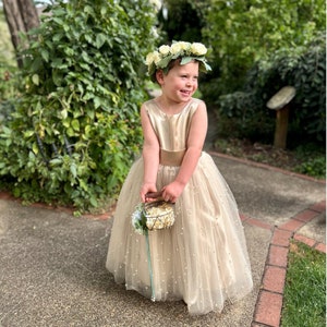 Champagne Pearl Tulle Ankle Length V-Back Flower Girl Wedding Summer Holiday Winter Trendy Ball Gown Pageant Birthday Princess Girl Dress