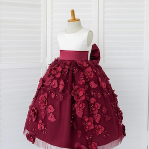 Ivory Bodice 3D Floral Burgundy V-Back Flower Girl Elegant Ankle Length Toddler Junior Pageant Church Bridesmaid Girl Pageant Fall Dress