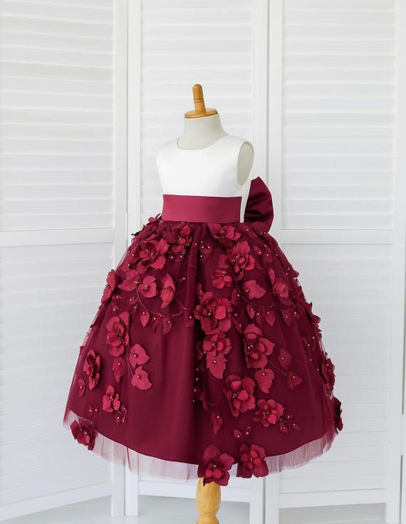 Ivory Bodice 3D Floral Burgundy V-back Flower Girl Elegant Ankle Length Toddler Junior Pageant Church Bridesmaid Girl Pageant Fall Dress - Etsy Israel Ivory Bodice 3D Floral Burgundy V-back Flower Girl Elegant Ankle Length Toddler Junior Pageant Church Bridesmaid Girl Pageant Fall Dress - Etsy Israel
