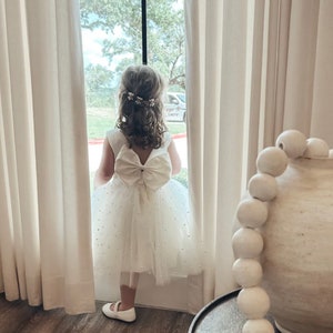 Ivory 4 Layer Pearl Tulle V-Back Knee Length Wedding Flower Girl Summer Easter Elegant Birthday Photoshoot Trendy Communion Baptism Dress