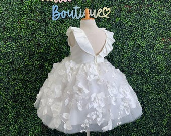Ivory Elegant Floral 3D Tulle V-Back Knee Length Classic Flower Girl Wedding Communion Baptism Birthday Church Toddler Girl Summer Dress