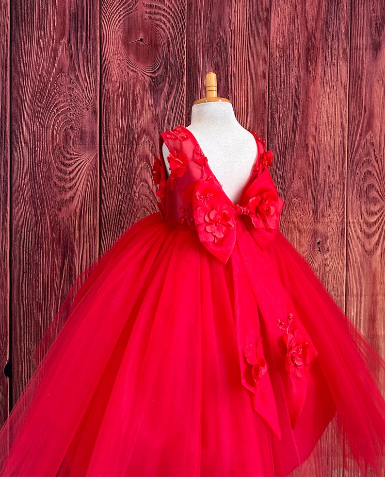 Red Floral Embroidery Sleeveless Ankle Length Tulle Layer Summer Flower Girl Wedding Birthday Princess Pageant Toddler Girl Pageant Dress image 6