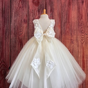 Ivory Floral Embroidery V-Back Tulle Ankle Length Flower Girl Summer Pageant Birthday Communion Baptism Bridesmaids Toddler Girl Dress