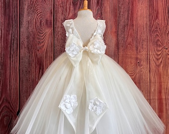 Ivory Floral Embroidery V-Back Tulle Ankle Length Flower Girl Summer Pageant Birthday Communion Baptism Bridesmaids Toddler Girl Dress
